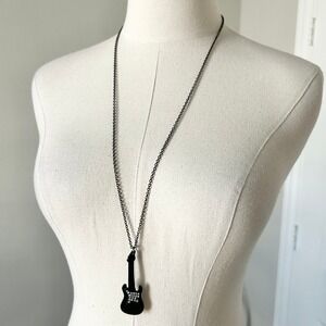 Black Guitar Pendant Necklace Rhinestone Embellished Chain